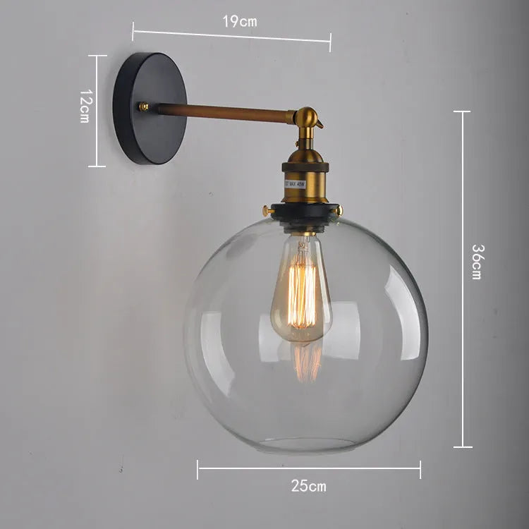 20cm round retro glass wall lamp with aluminium fitting and E27 bulb socket