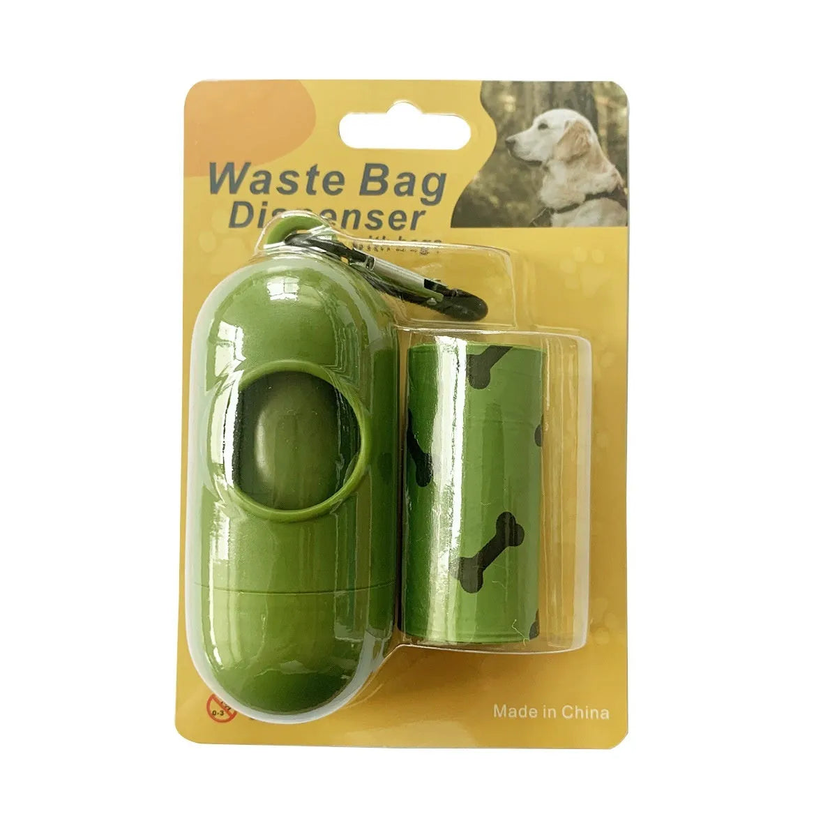 Military green degradable dog poop bags with black bone pattern measuring 23x33cm