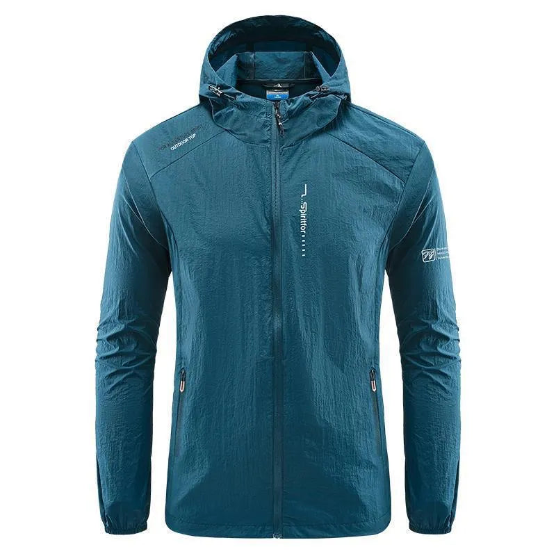 Men's hooded summer jacket in thin nylon fabric, loose fit, available in light grey, dark grey, black, dark blue, and denim blue