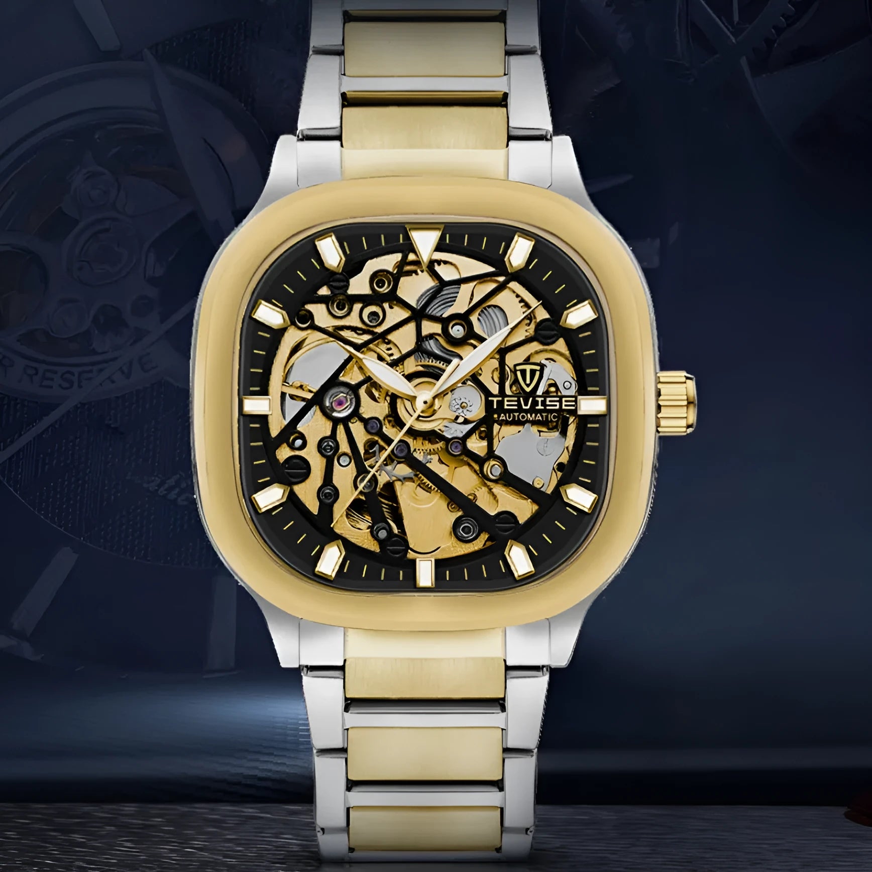Men's automatic waterproof watch with square luminous dial and stainless steel strap