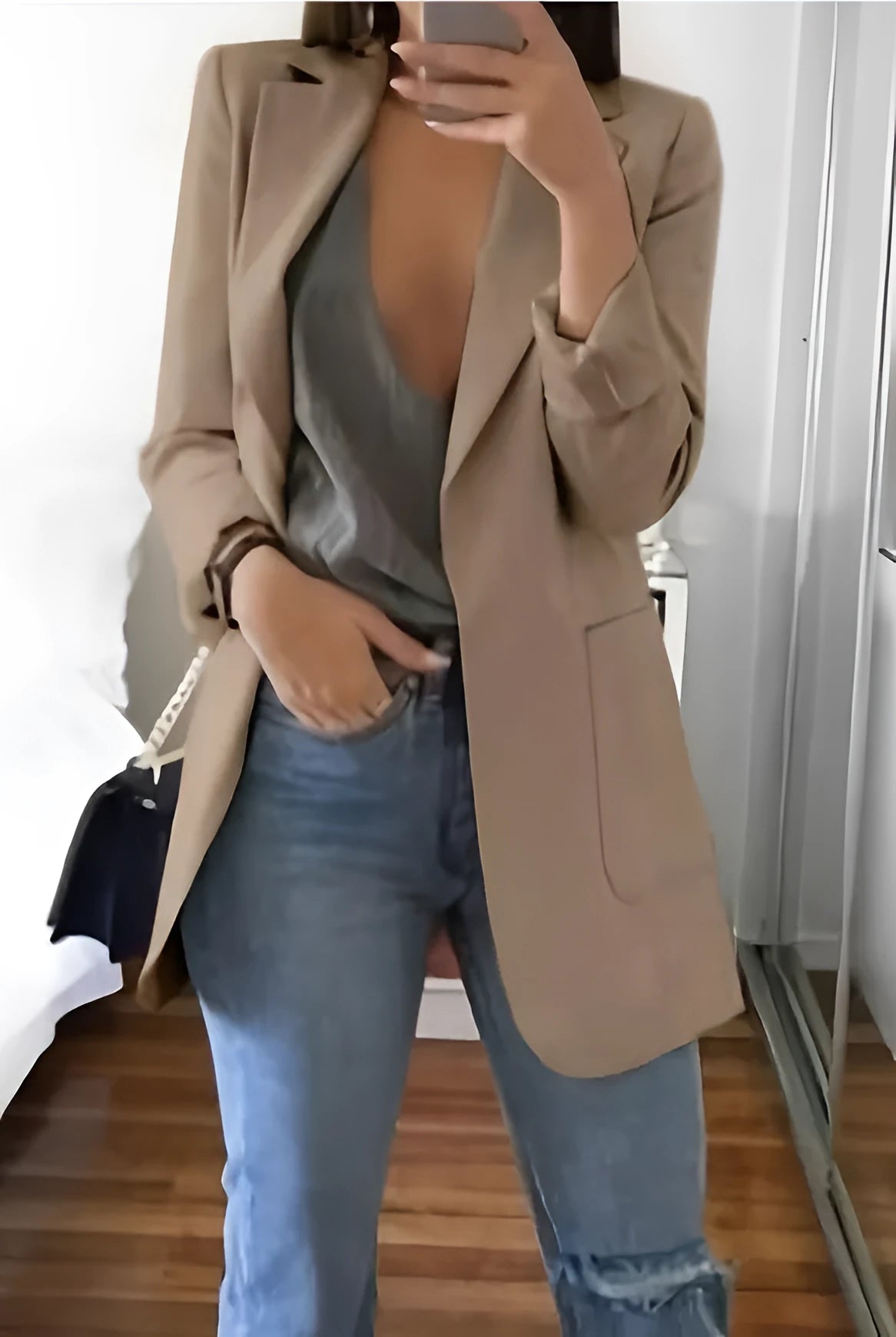 Lapel slim cardigan blazer for women in khaki, straight medium length, suit collar, long sleeves