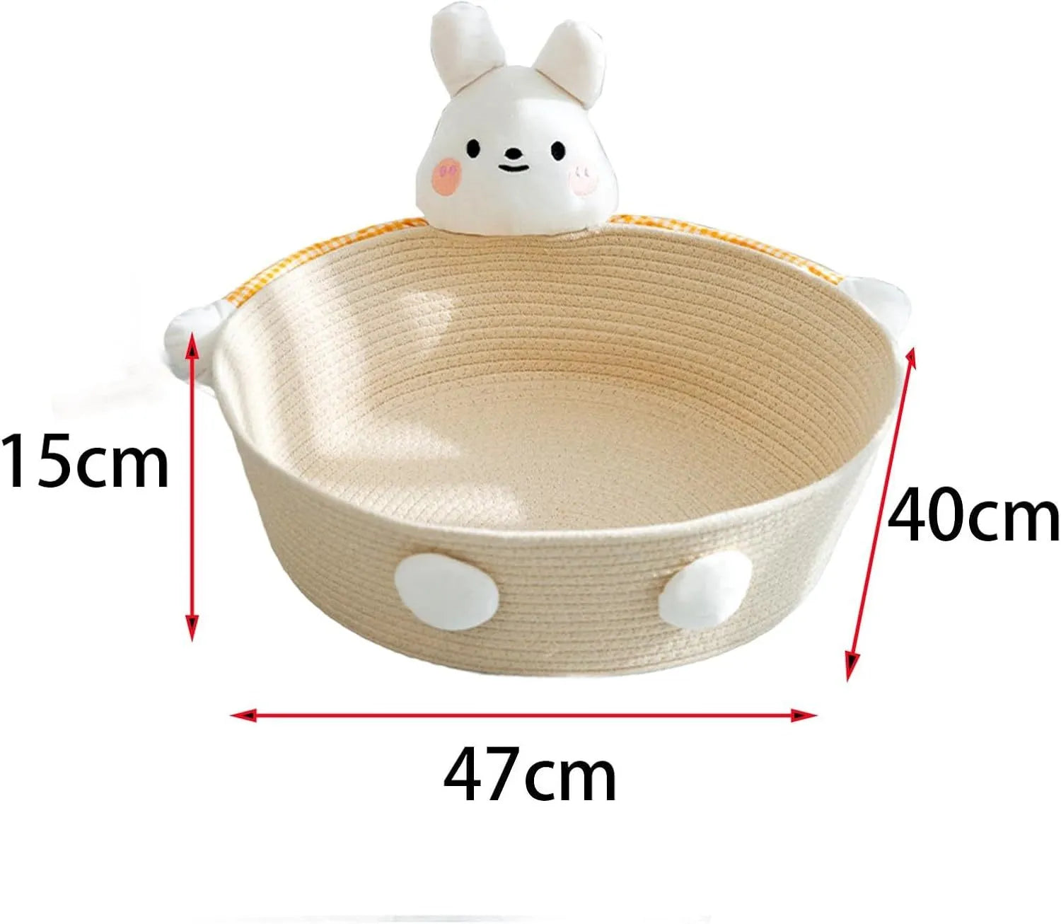 Woven cotton rope cat bed with scratching board surface, available in bear or rabbit styles.