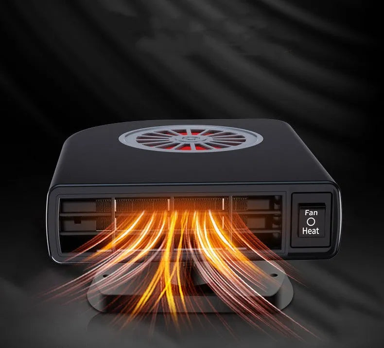 Black vehicle-mounted 12V car heater with adjustable vent on a car dashboard.