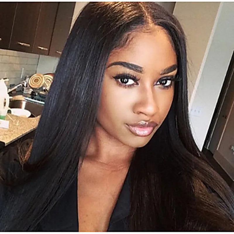 Women's long black straight synthetic wig with centre-parted bangs.