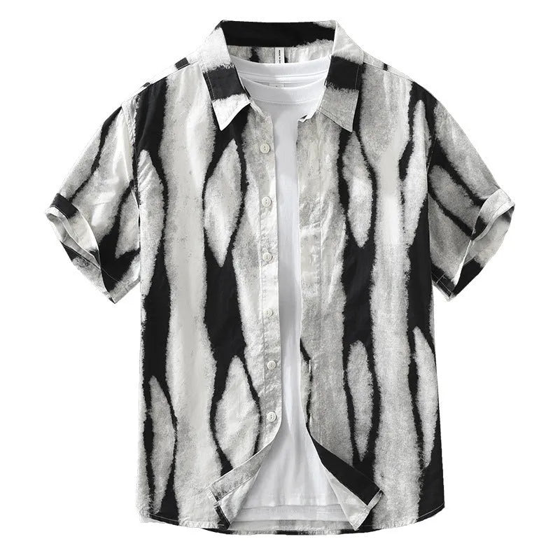 Men's retro striped pure cotton short sleeve shirt in loose cardigan style