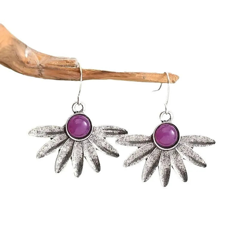 Purple resin gemstone Bohemian style floral earrings with detailed plant and flower modelling on alloy base