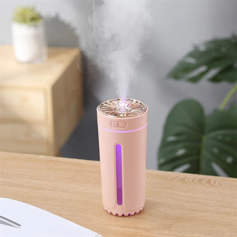 Black and white portable USB rechargeable humidifier with colourful lights for car and desktop use.