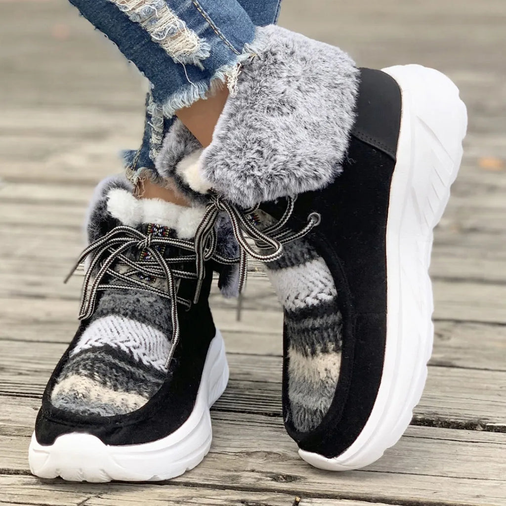 Women's lace-up snow boots with fuzzy suede upper, thermal plush lining, and thick rubber sole in beige colour