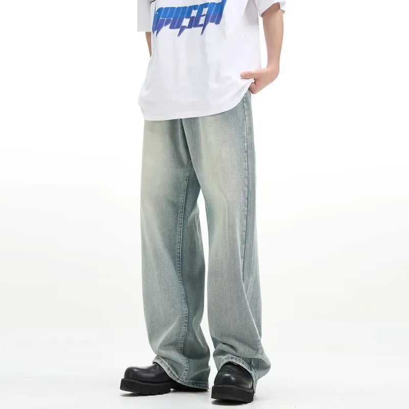 Blue retro trousers with rabbit fur fabric and high elasticity in loose casual fit