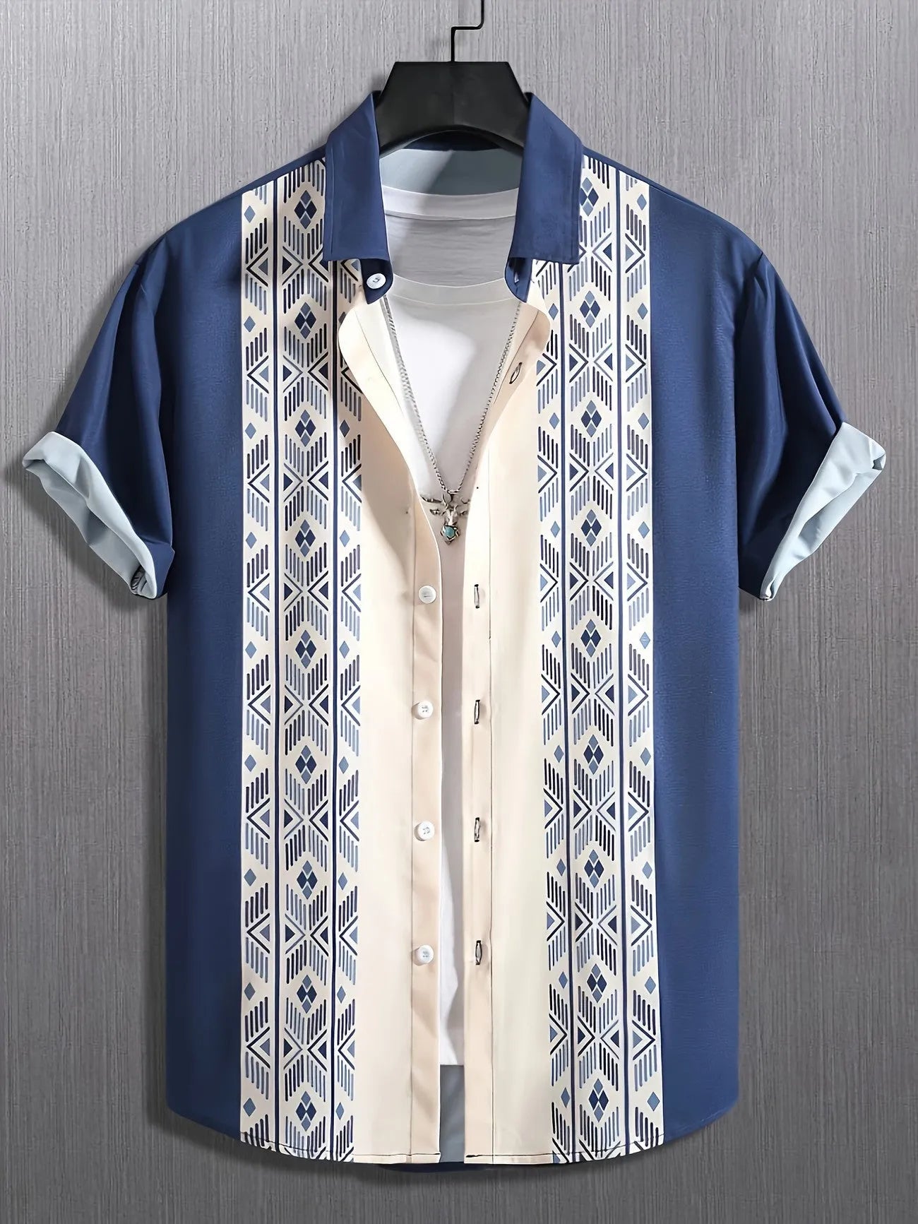 Men's plaid short-sleeve shirt cardigan with contrast lapel in elastic polyester fabric
