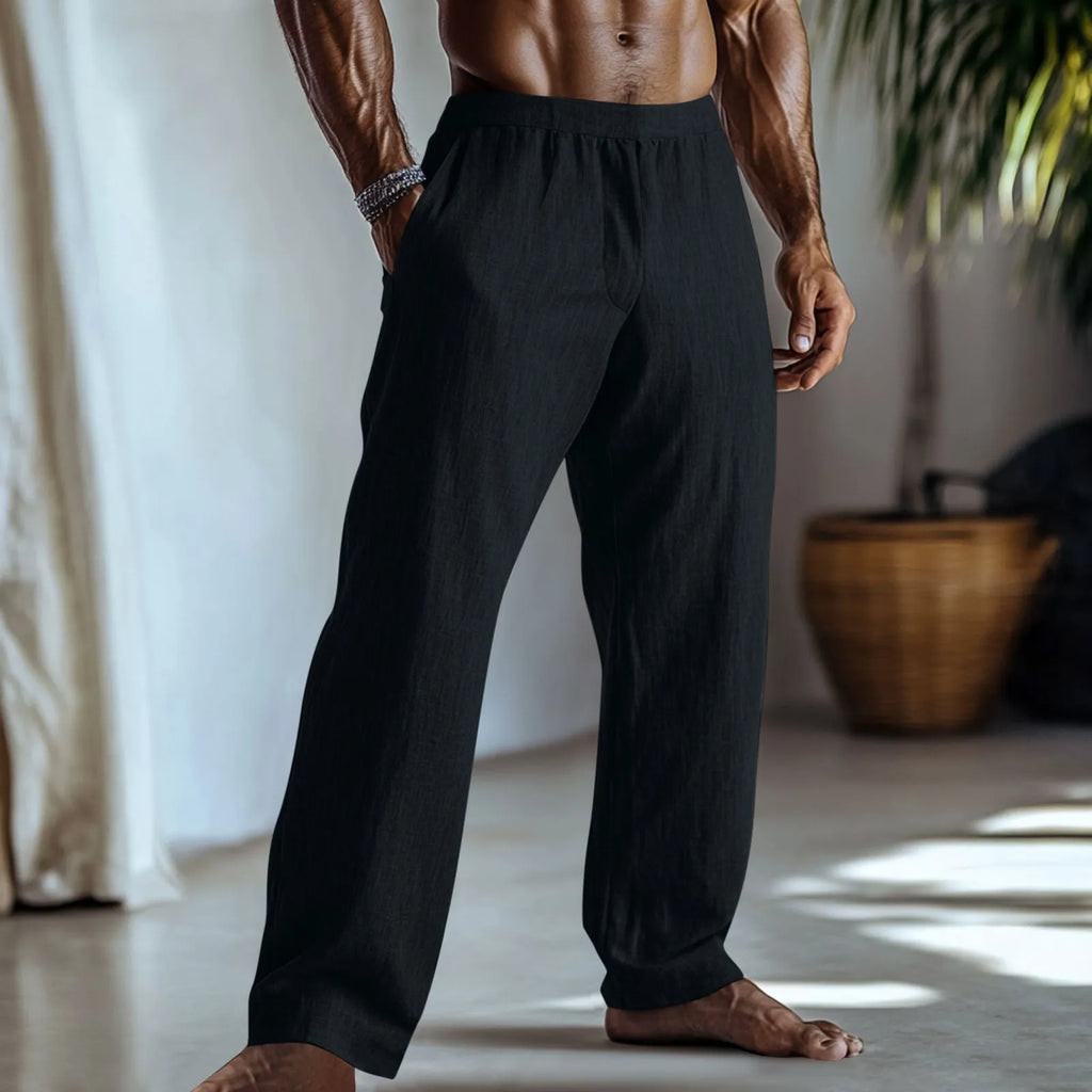 Cotton and linen straight leg trousers in British casual style with front pockets