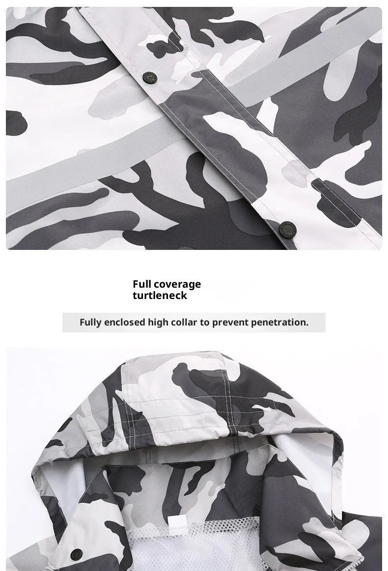 Gray camouflage raincoat and rain trousers suit for men, two-piece set with PVC waterproof coating, on white background.