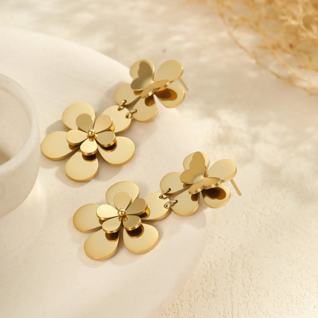 Gold electroplated butterfly flower earrings for women with stainless steel construction and animal zodiac styling