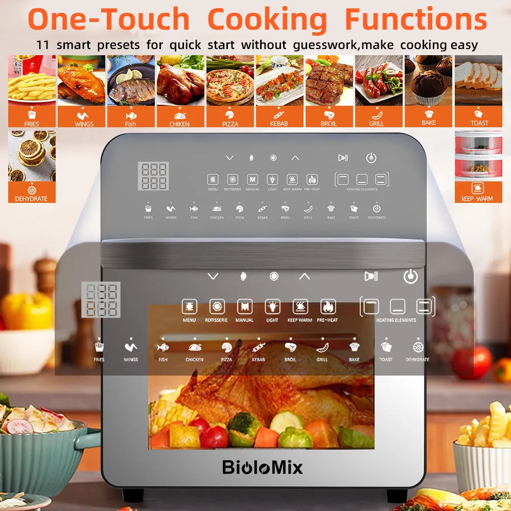 Silver stainless steel double heating air oven with 15L capacity and electronic touch panel