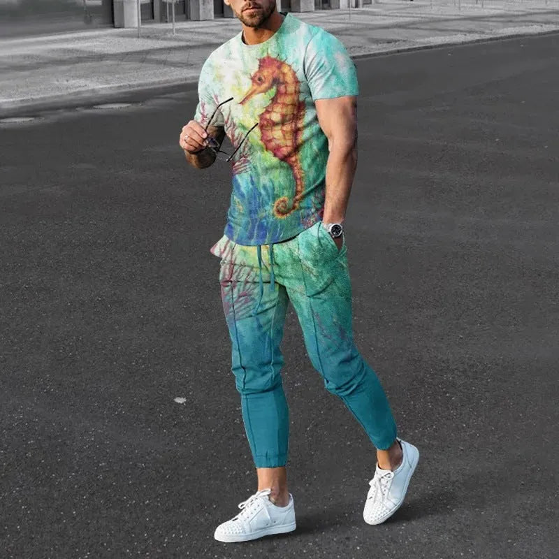 Man wearing a printed short-sleeve pullover and matching trousers from a thin polyester sports suit set.