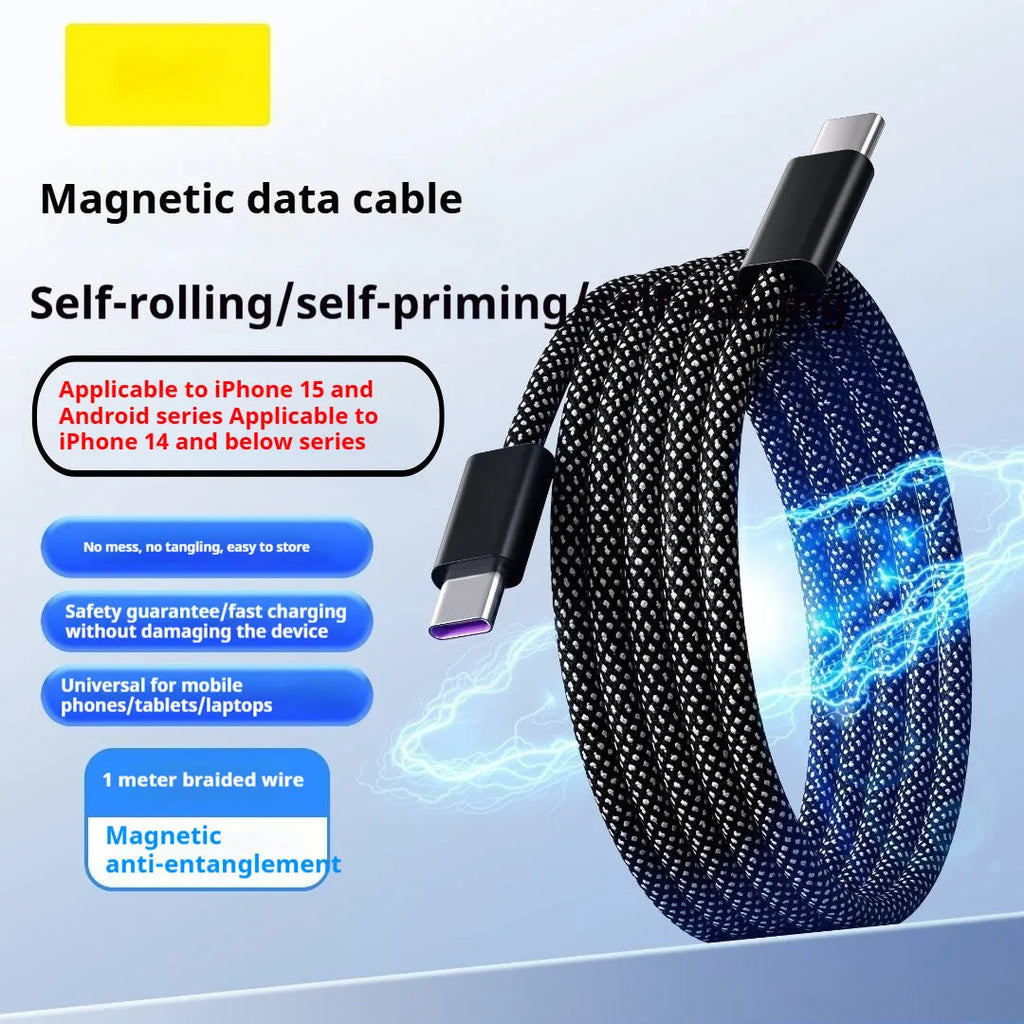 Magnetic woven-braided data cable in Tech Black with 66W fast charge and three connector types