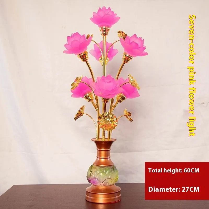 Colored glaze lotus lantern with alloy base, pink floral petals, and LED light for temple worship