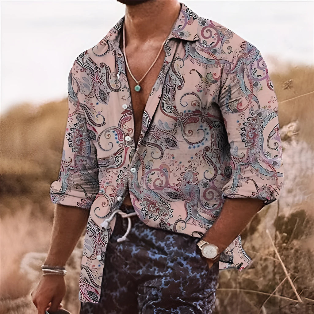 Men's loose fit bohemian shirt with detailed 3D floral pattern printing on polyester fabric