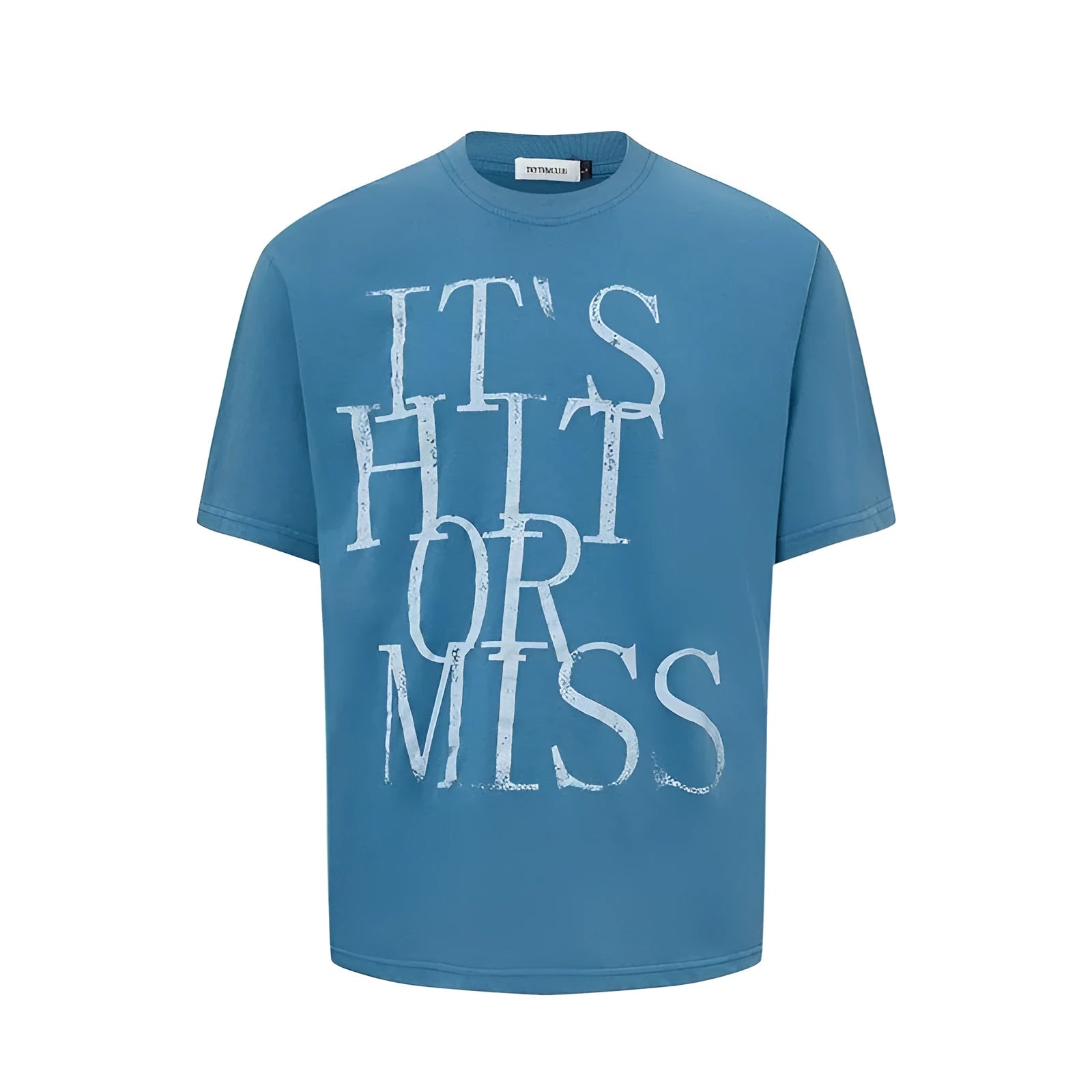 Men's blue American Retro style T-shirt with white letter print design
