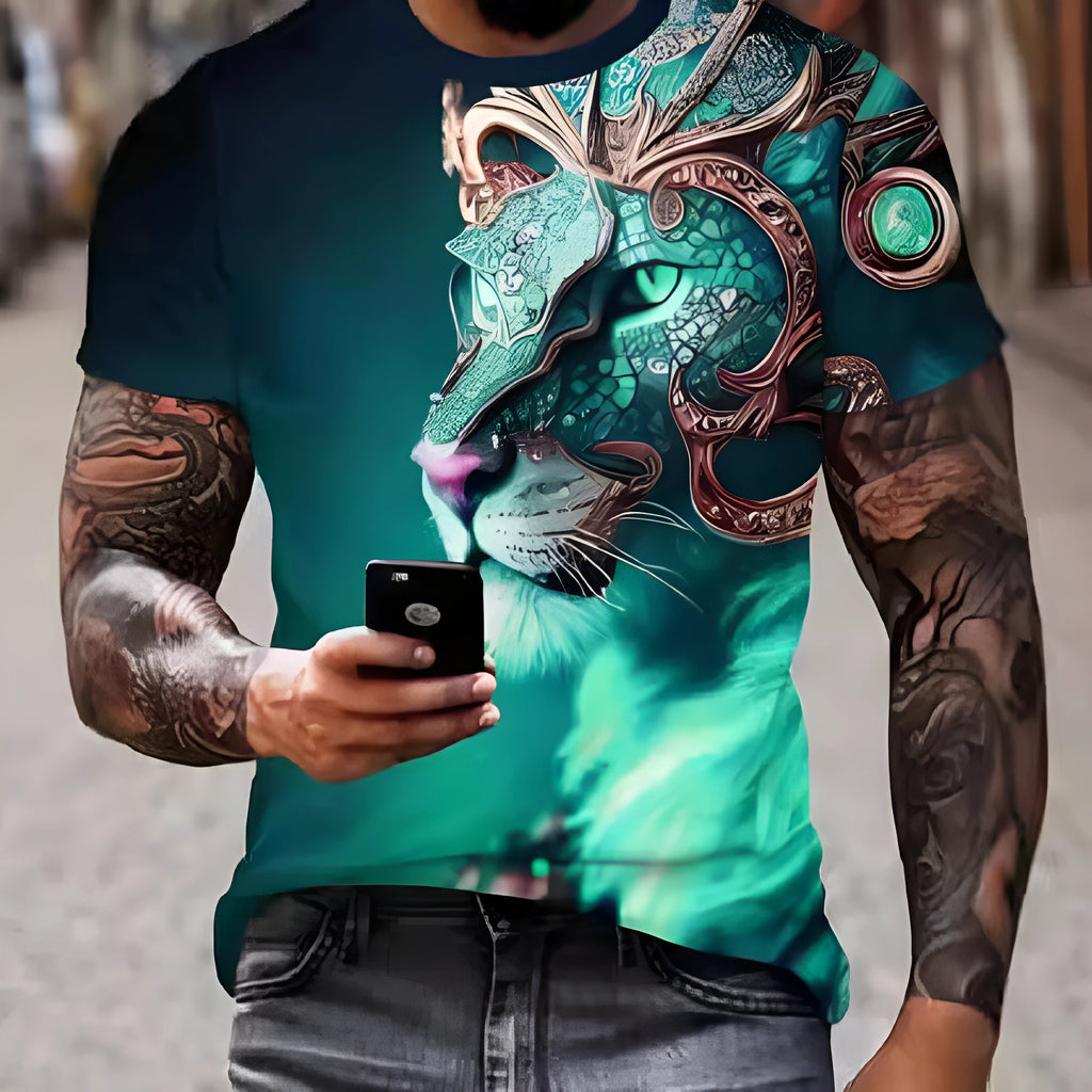 Men's grey T-shirt with a raised 3D print of a fierce lion's face on the front.