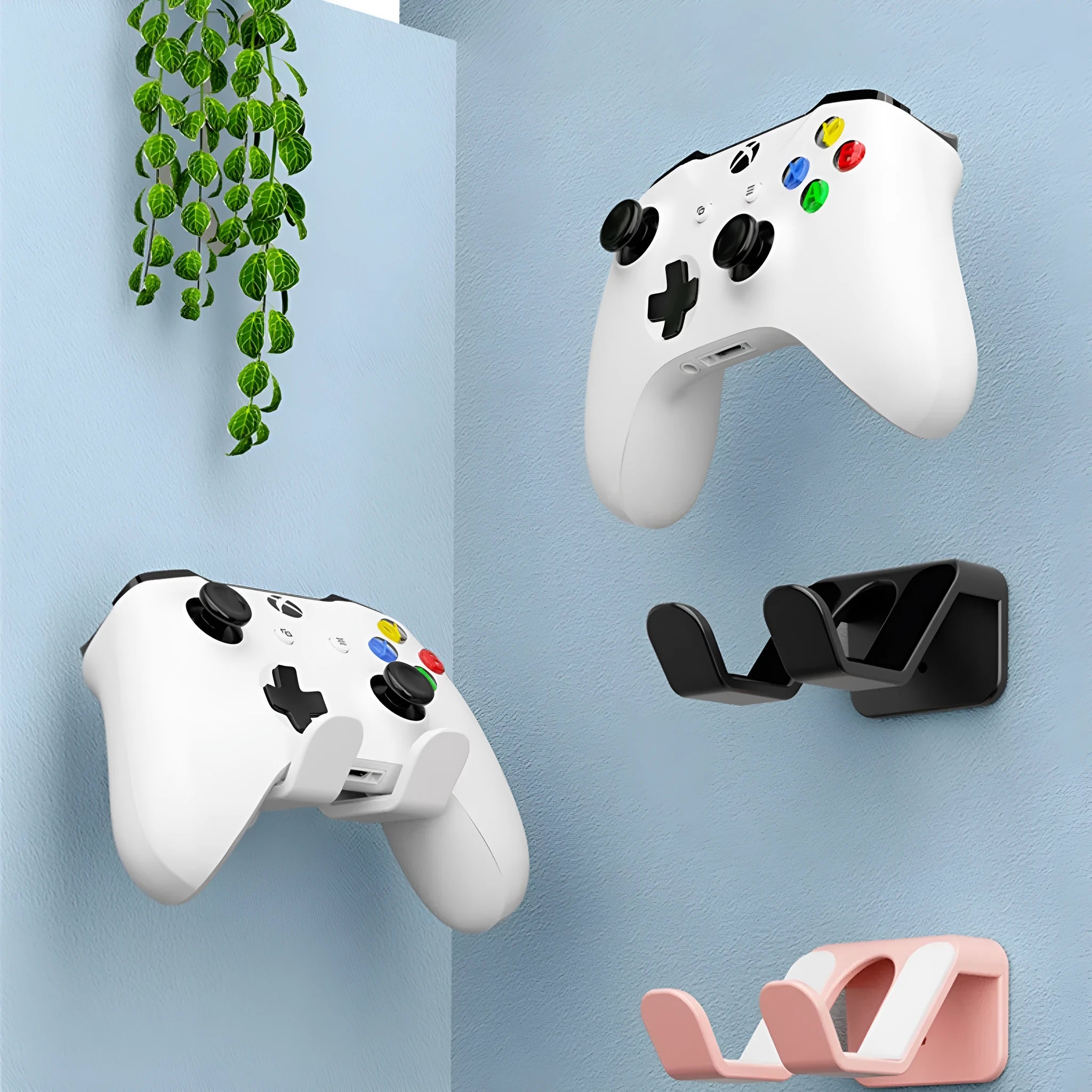 Universal non-perforated game handle wall hanging rack in black, white, or pink colour for organising controllers and headsets