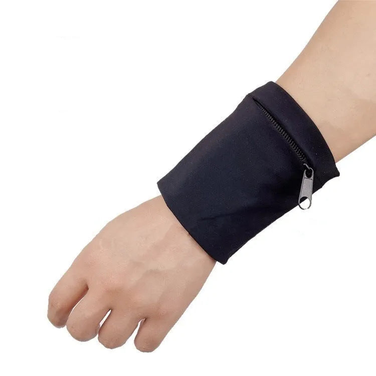Black wrist bag armband sleeve for mobile phone storage, shown on a wrist.
