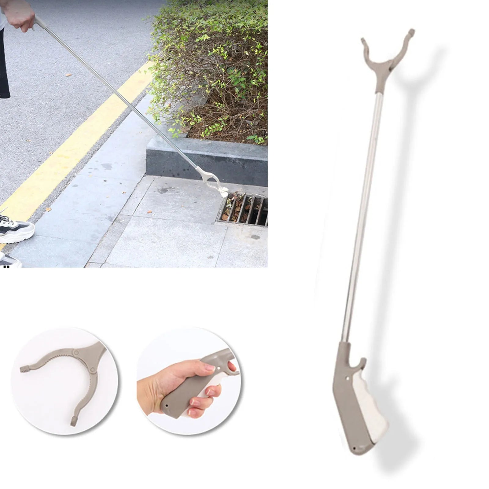 Stainless steel garbage picker tool with 40cm extended reach and push-type handle