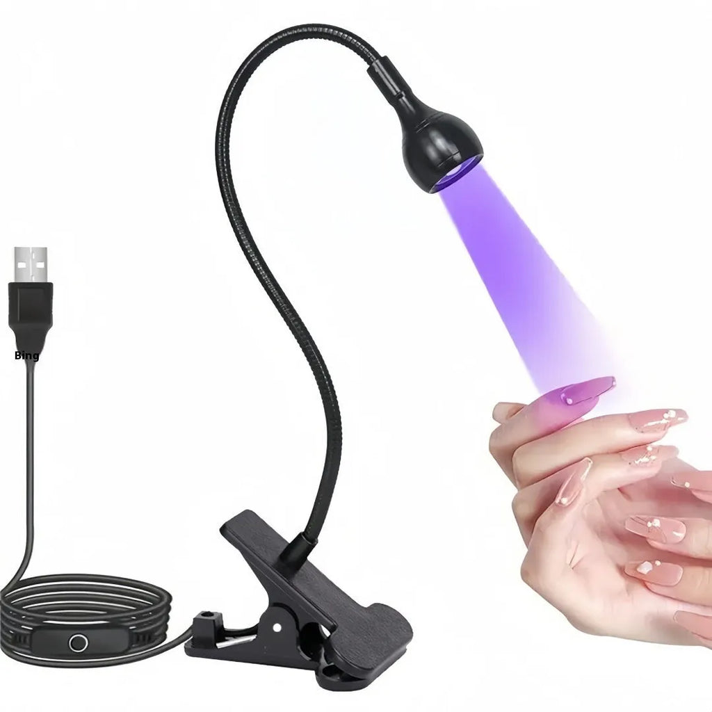 Goose neck nail lamp with USB clip, 395nm purple light curing UV glue on nails in a home manicure setting.