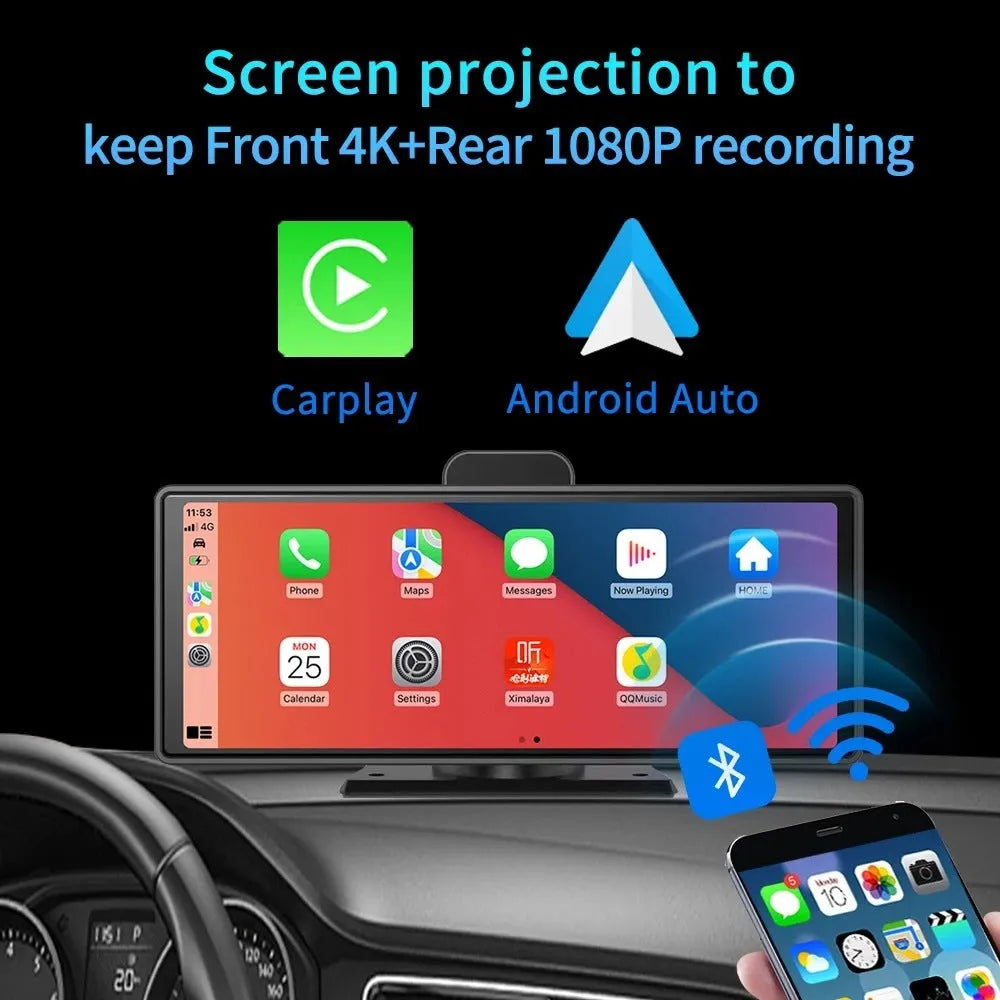 12-inch car dashboard camera with touch screen, rear camera, and charger for front and rear recording