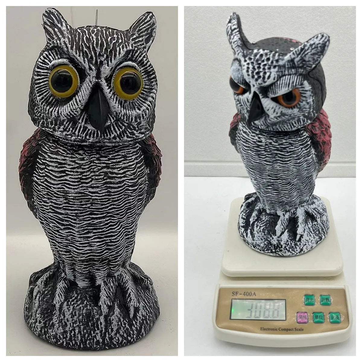 Artificial owl bird scarer decoy with shaking head motion in outdoor setting