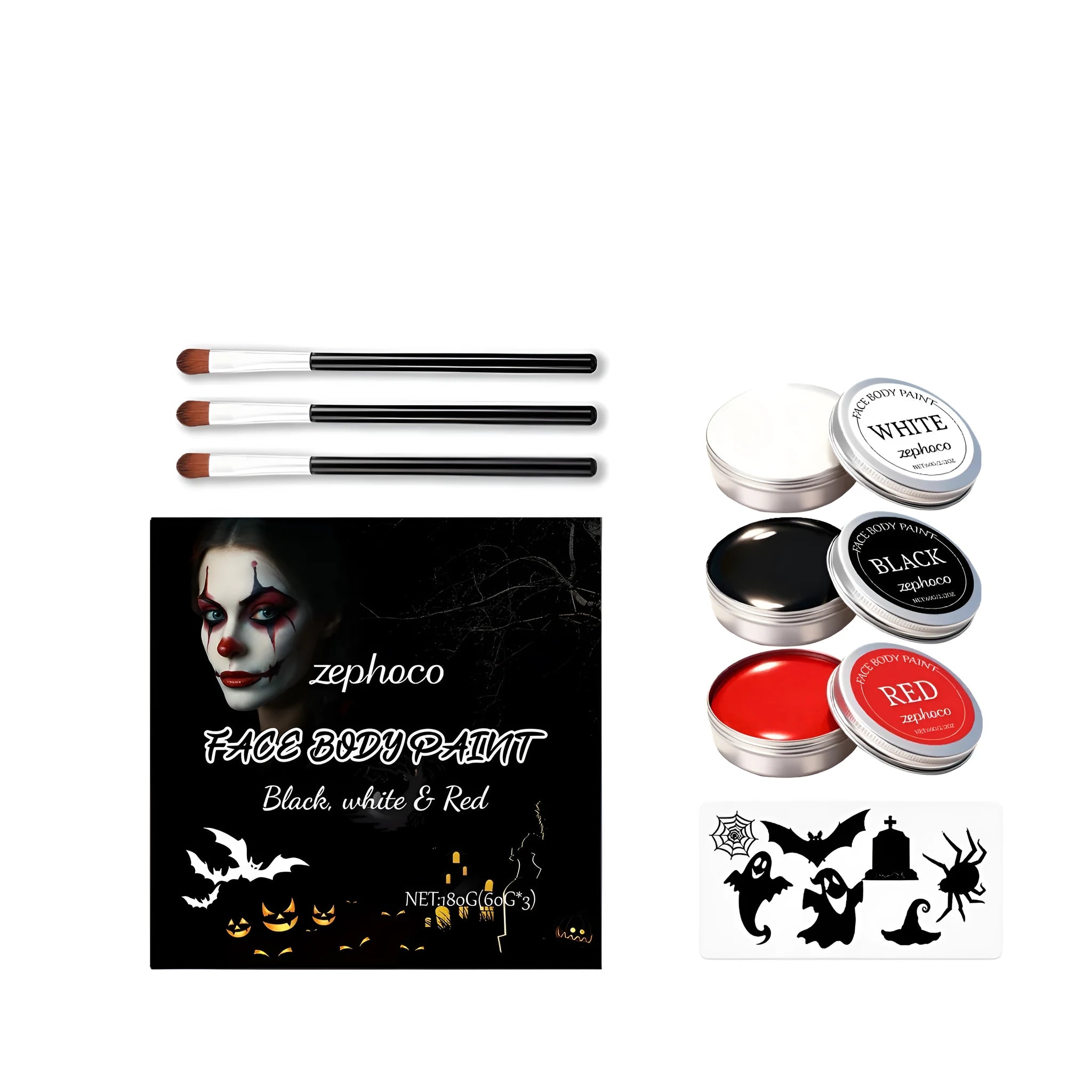 Halloween facial painting set with three 60g paint pots, three brushes, and tattoo stickers on a white background