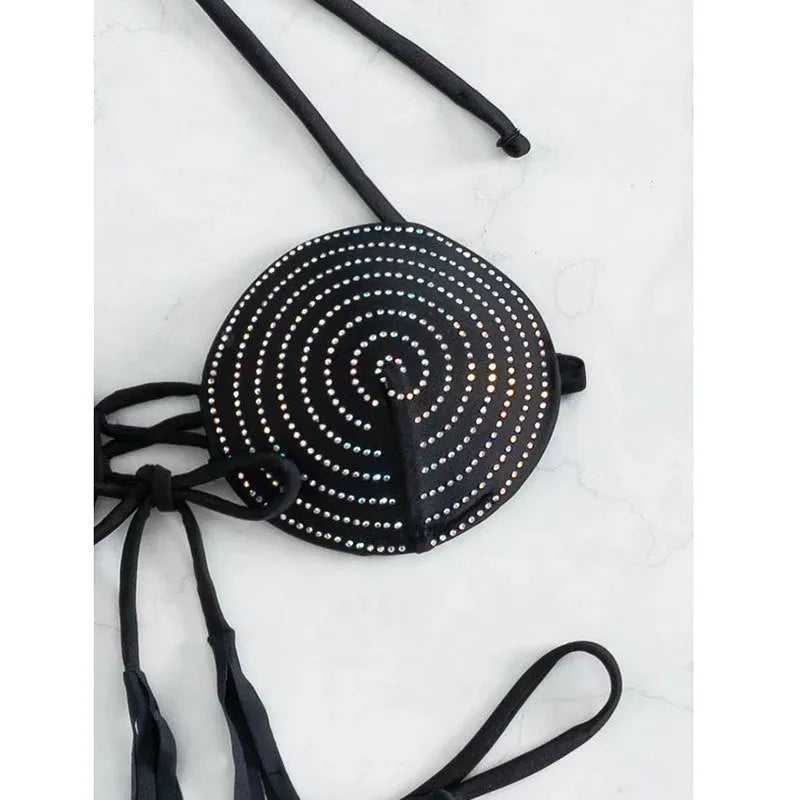 Black bandage bikini set with backless top and high-waist brief with hot drilling detail
