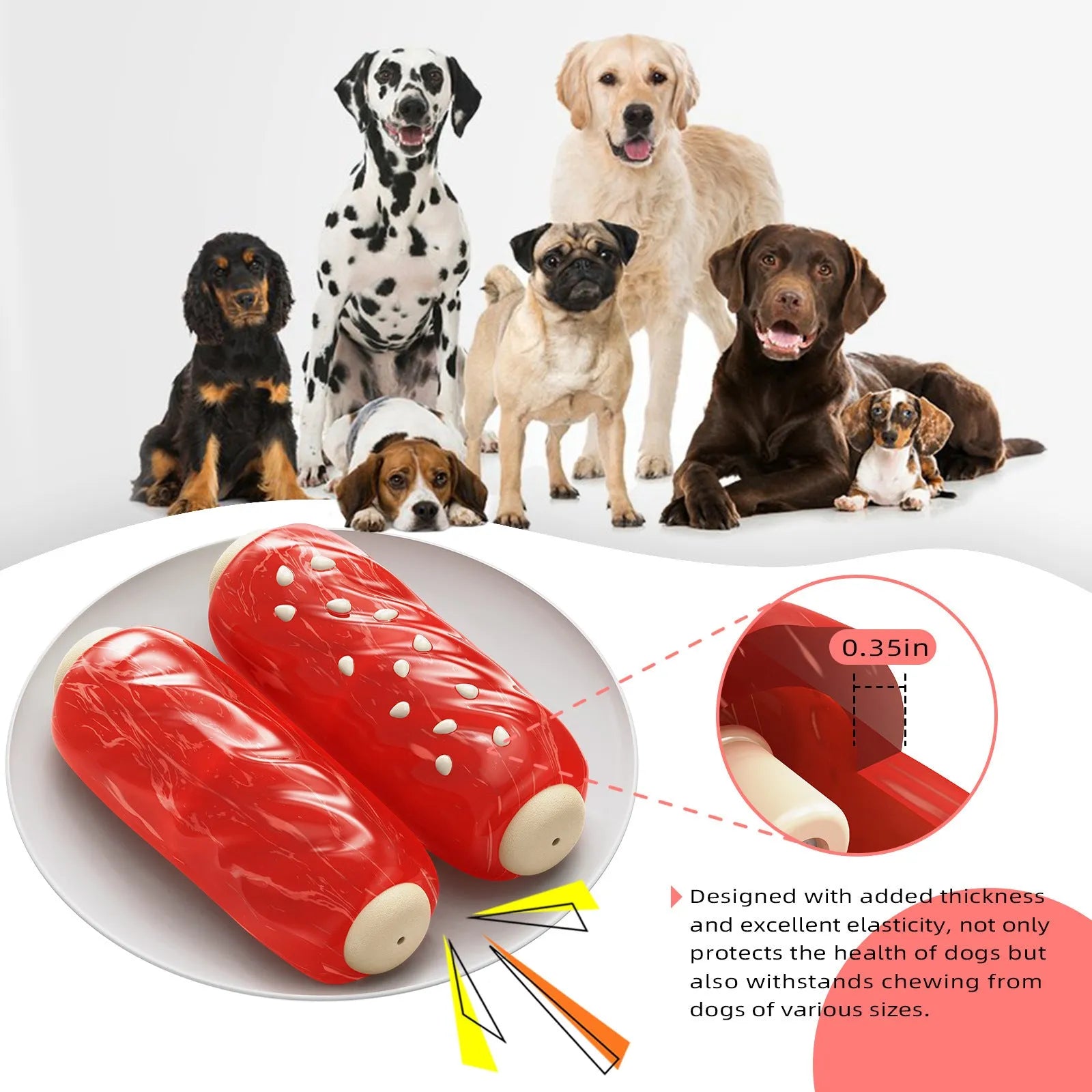 Primary colour plastic dog chew toy shaped like a large textured molar rod or toothbrush.