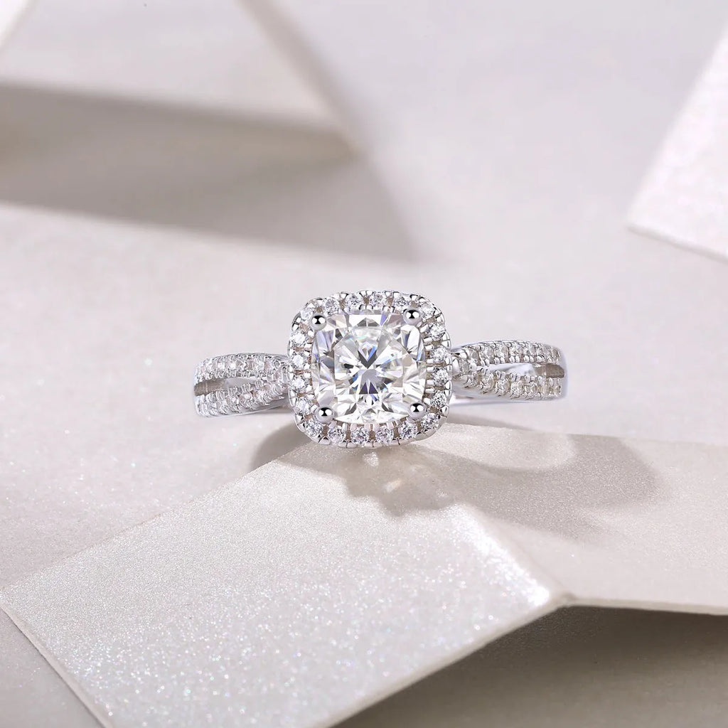 Moissanite wedding ring set with square 6x6mm stone, platinum plated S925 silver, in gift box with GRA certificate