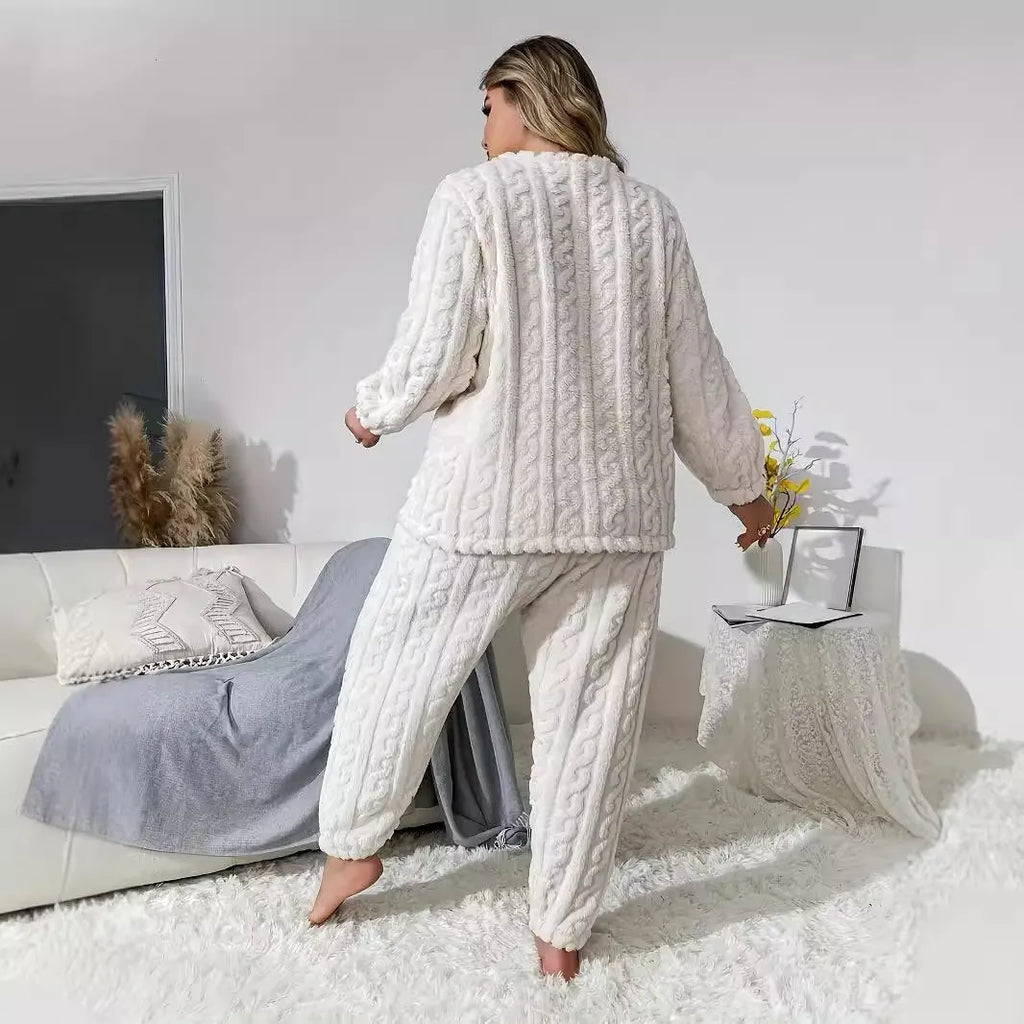 Women's milky white polyester lounge set with matching crew neck top and trousers