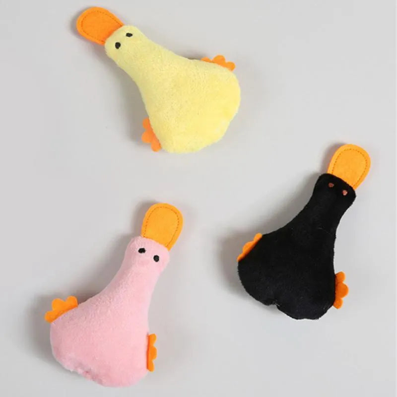 Colourful duck-shaped plush pet toy with catnip filling and squeaker sound for cats and dogs