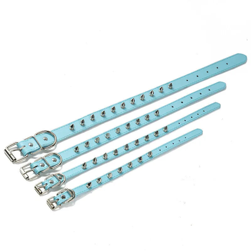Colourful studded dog collar with metal spikes on thickened PU leather, showing alloy metal fastener and six colour options