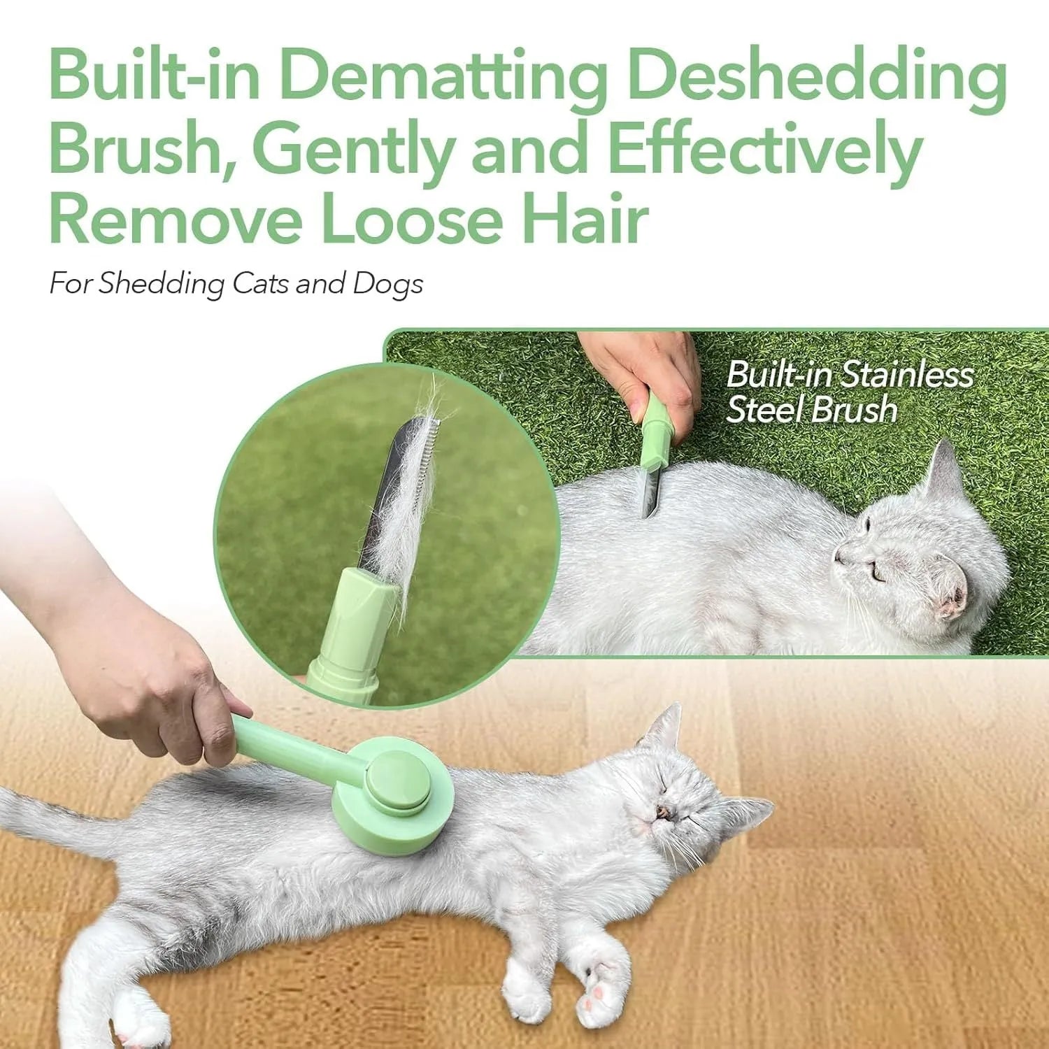 Green pet grooming brush with stainless steel teeth and hair removal function for cats and dogs