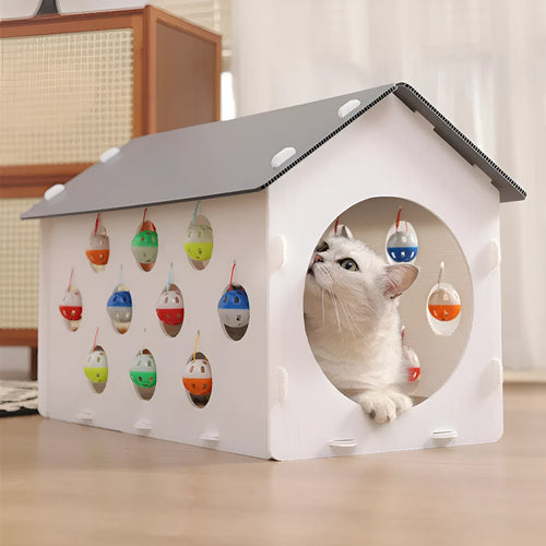 Integrated plastic cat scratch board with nest bed and tunnel containing bell ball