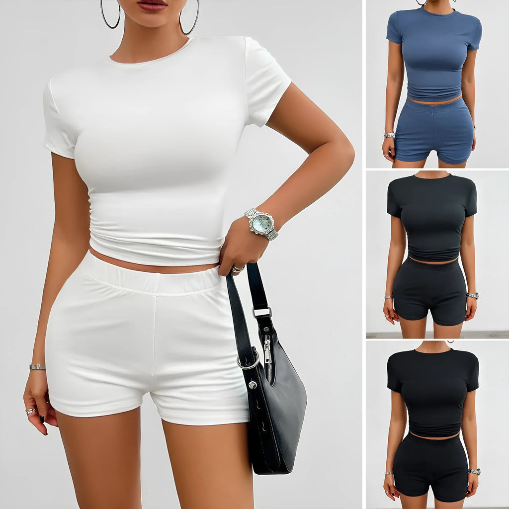 Women's solid colour slim fit sports suit two-piece set with t-shirt and shorts.
