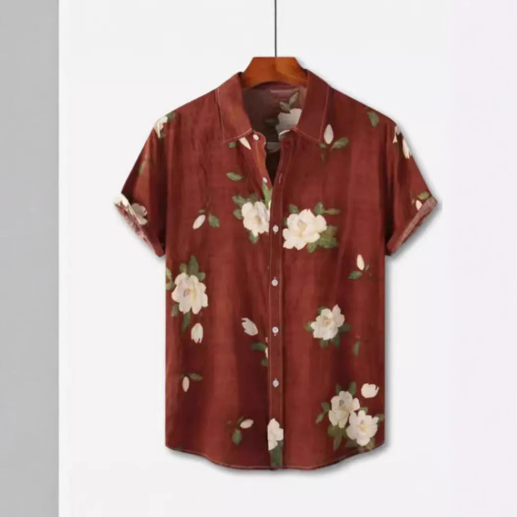 Man wearing a short sleeve floral Hawaiian shirt with lapel collar, made from elastic polyester fabric.
