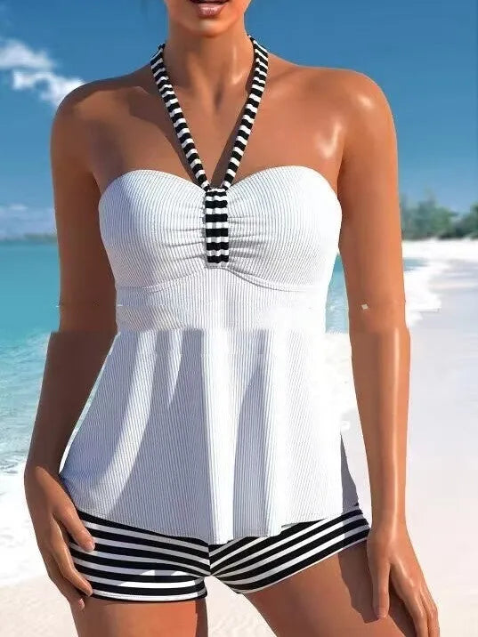 Black and white striped off-shoulder women's swimsuit with briefs style on mannequin