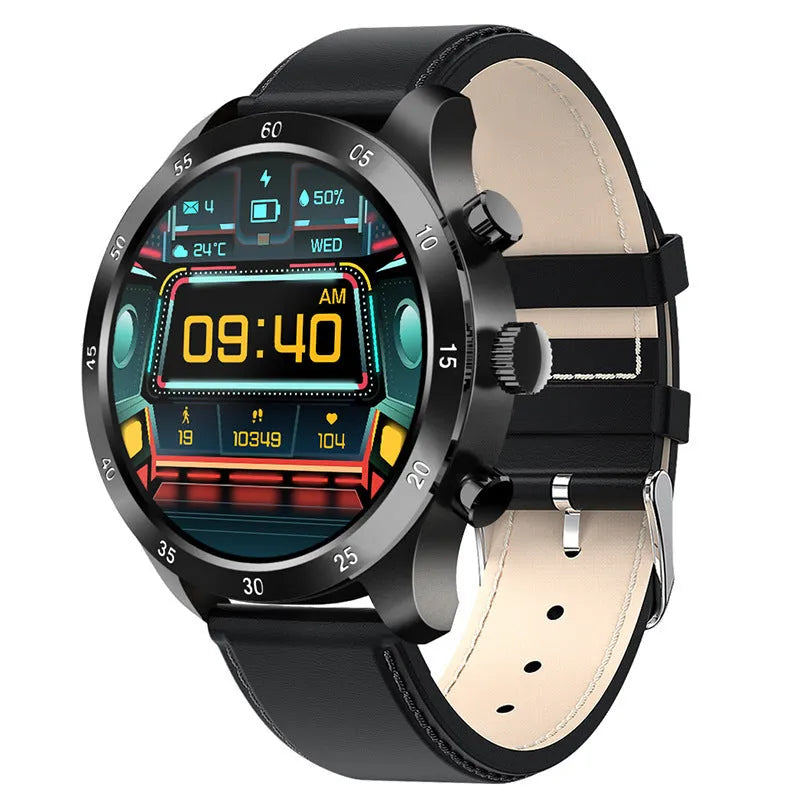 Black smart watch with steel bracelet showing heart rate monitoring and call display on screen.