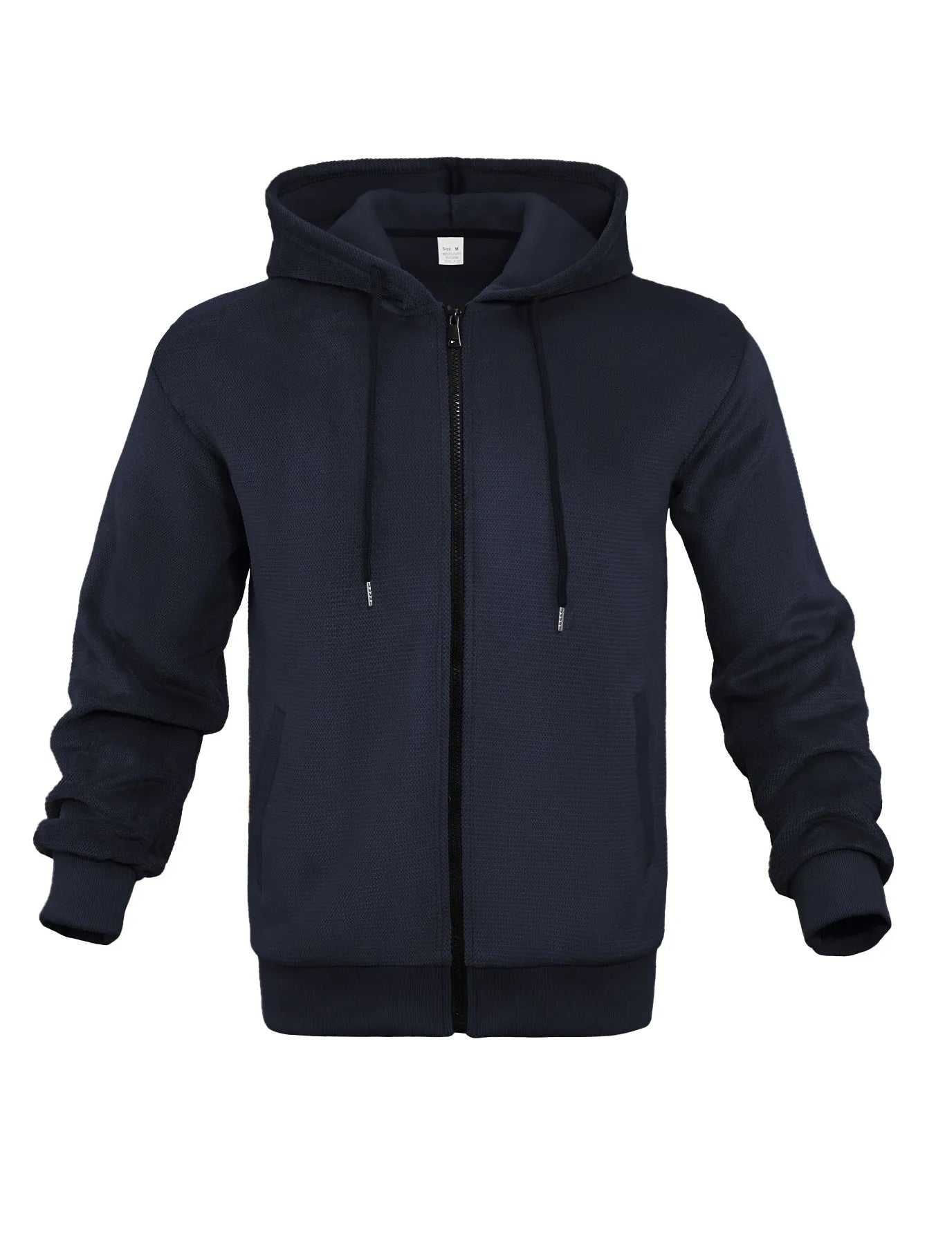 Men's fleece lined zippered hooded sweatshirt cardigan in military green on a model, front view, long sleeves, zip front