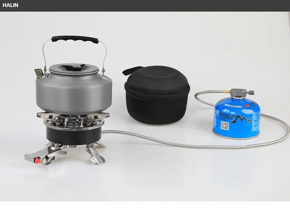 Silver stainless steel split camping stove with foldable design and 100cm gas hose