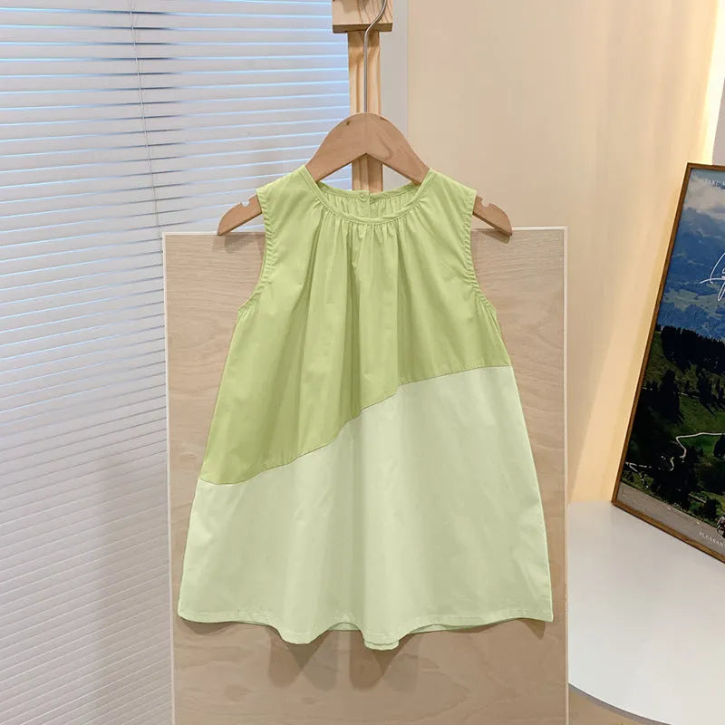 Girls cotton sleeveless suspender dress colour matching, available in cream yellow, pink, hibiscus purple, tail green, sizes 80-150cm