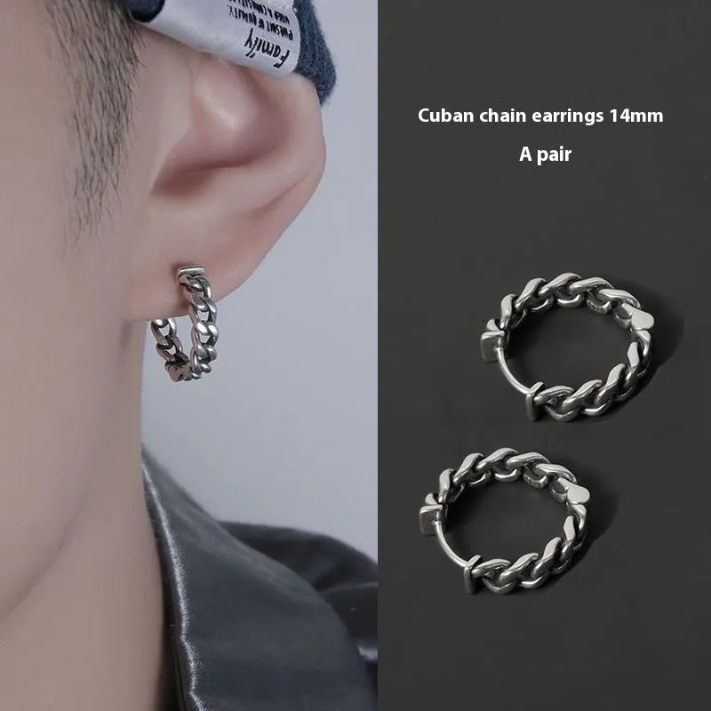 West Coast men's geometric copper hip hop earrings in silver, showing 10mm and 14mm sizes.