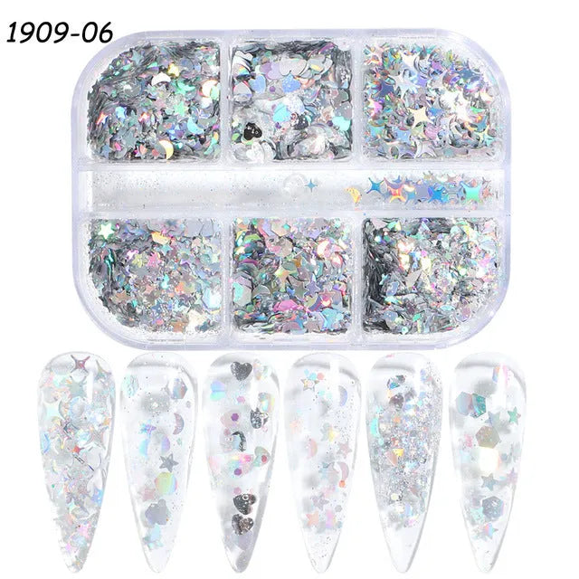 Gold and silver laser irregular nail glitter sequins in 8g box with six-grid compartments