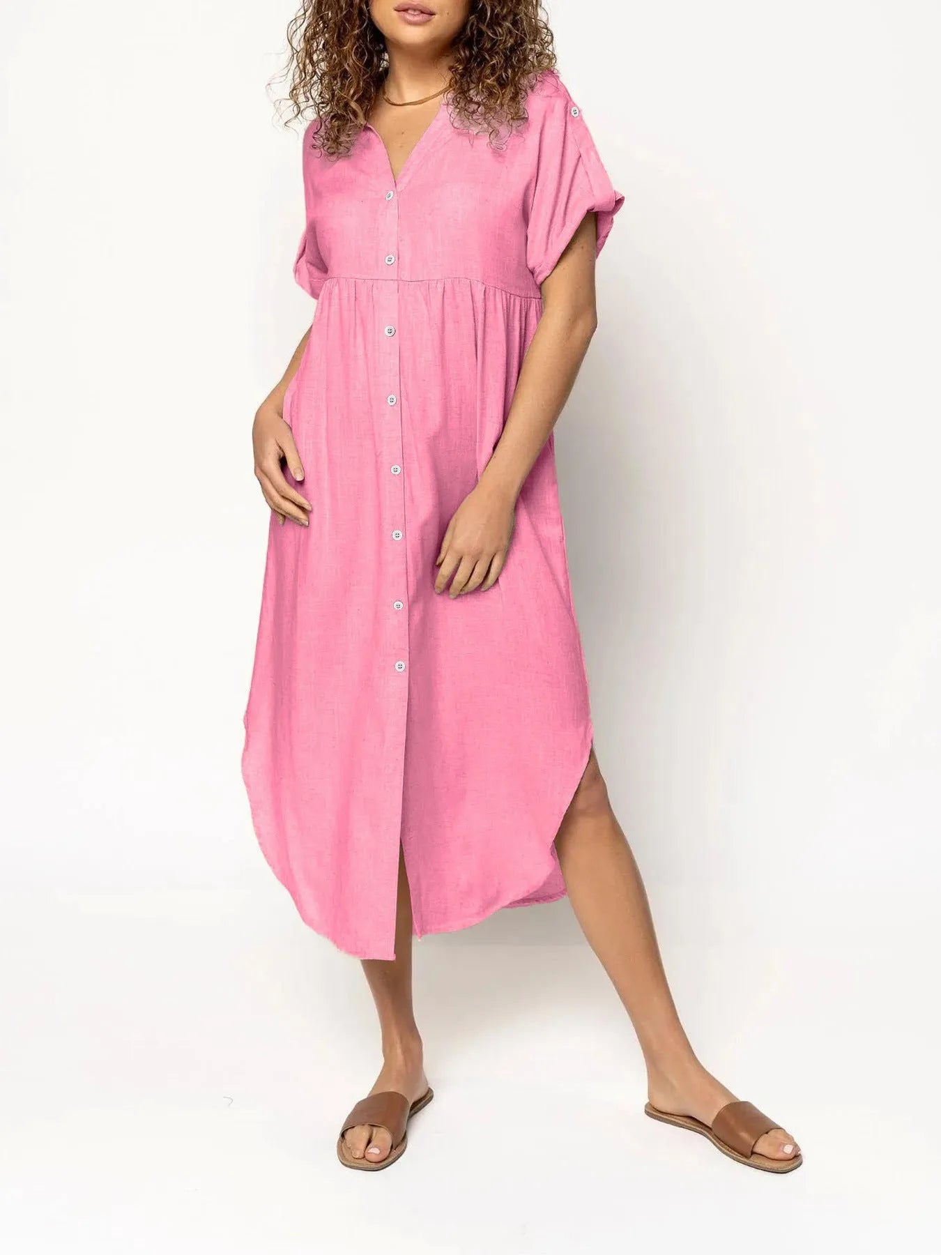 Loose temperament mid-length casual dress with button detailing in polyester fabric