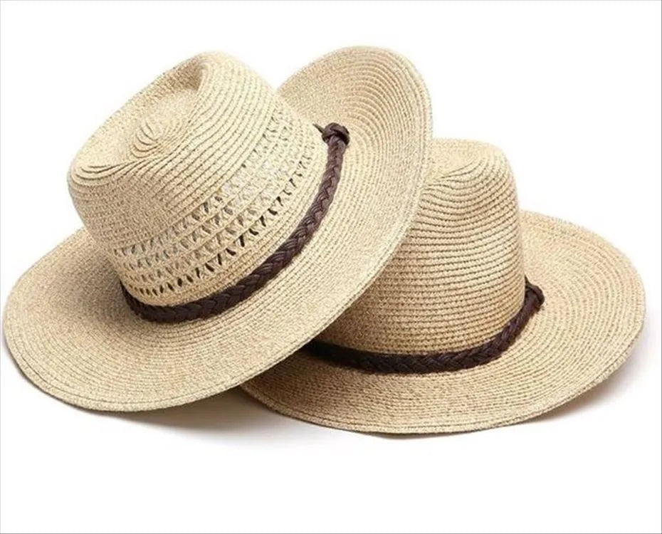 Men's foldable straw sun hat with wide brim in mixed beige colour showing size options